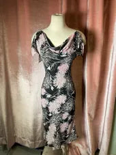 Vintage Y2K Floral Print Cowl Neck Ruffle Trim Sleeve Midi Dress