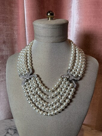 Vintage 1980s Bridal Luxury 5 Strand Pearl with Crystal Bow Accents Necklace