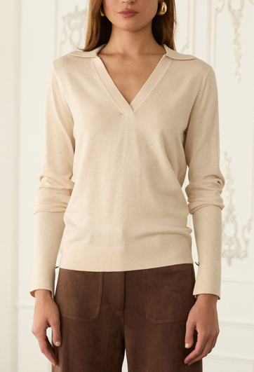 Adeline Collared Long Sleeve Knit Sweater Top - Vanilla Cream