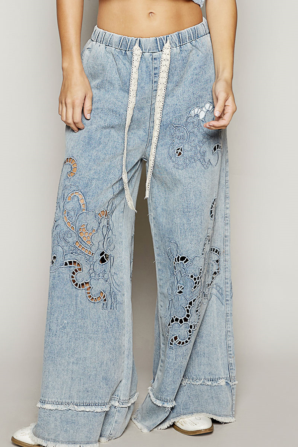 Leighton Embroidery Eyelet Cut Out Denim Wideleg Pants