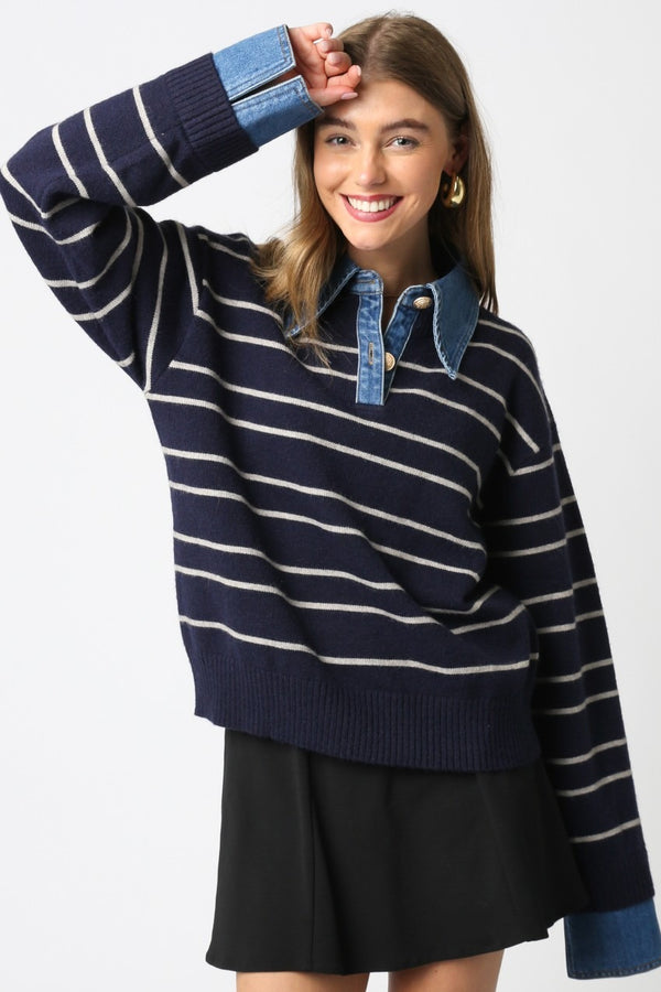 Miller Denim Collar Boxy Striped Pull Over Sweater