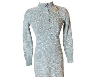 Vintage 80s boucle female photo button patch sweater dress S