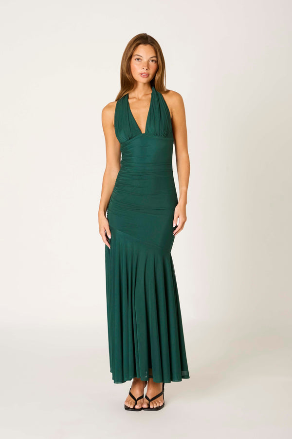 MARISELA MESH HALTER TIE BACK RUCHED DROP WAIST MAXI LONG DRESS
