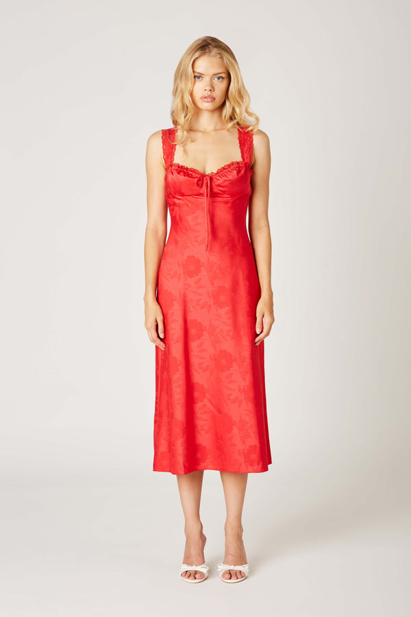 DARCY SATIN JACQUARD FLORAL SWEETHEART BUSTIER MIDI SLIP DRESS