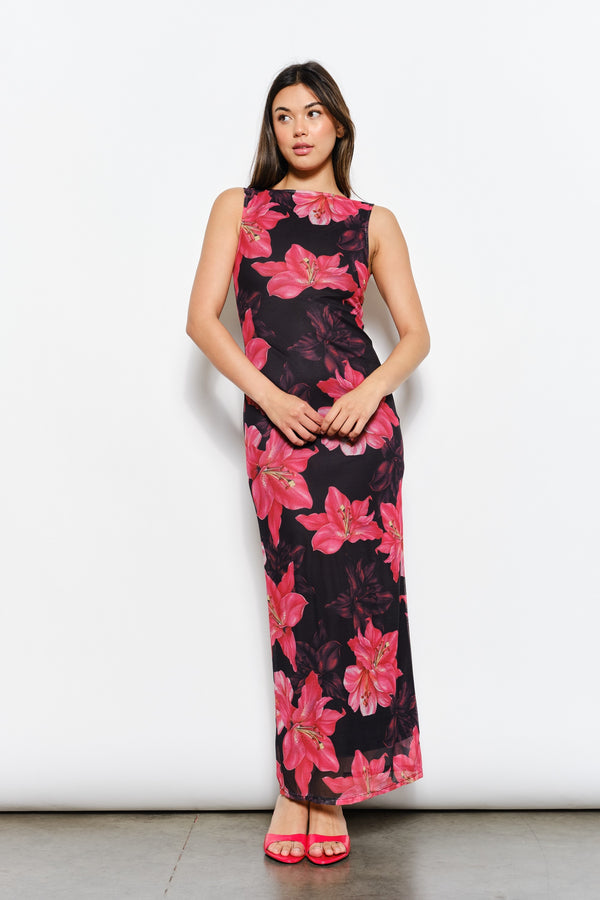 Lanai Hibiscus Open Back Mesh Maxi Dress