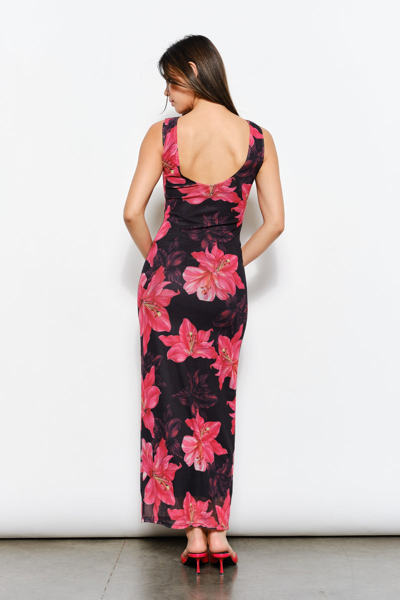 Lanai Hibiscus Open Back Mesh Maxi Dress