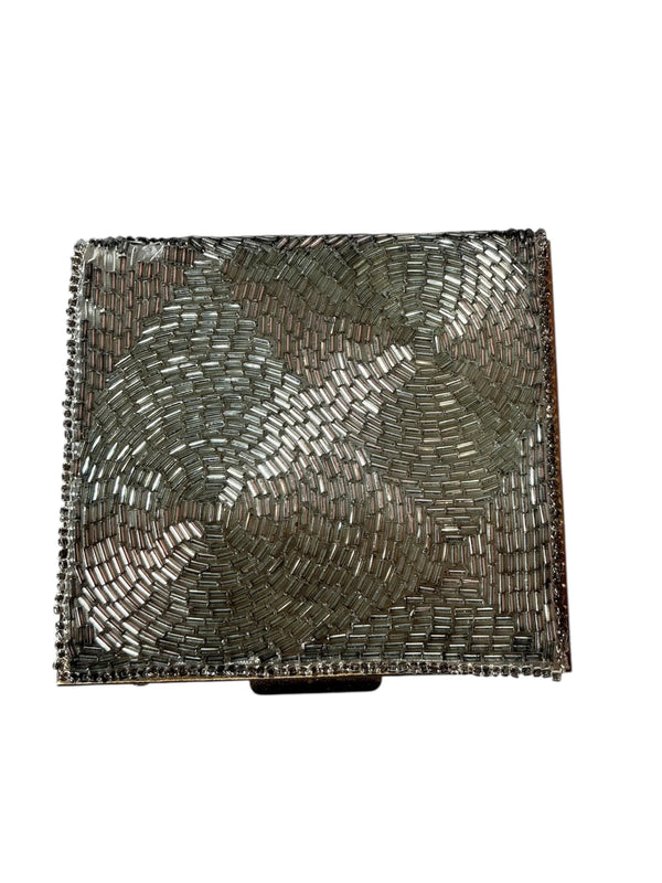 Vintage 1950's Silver Bugle Beaded Cigarette Joint Case Makeup Compact
