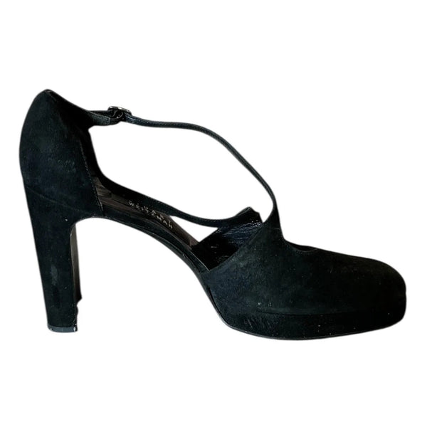 Vintage 90's Stuart Weitzman Suede Leather Platform Chunky Mary Jane T Strap High Heel Pumps