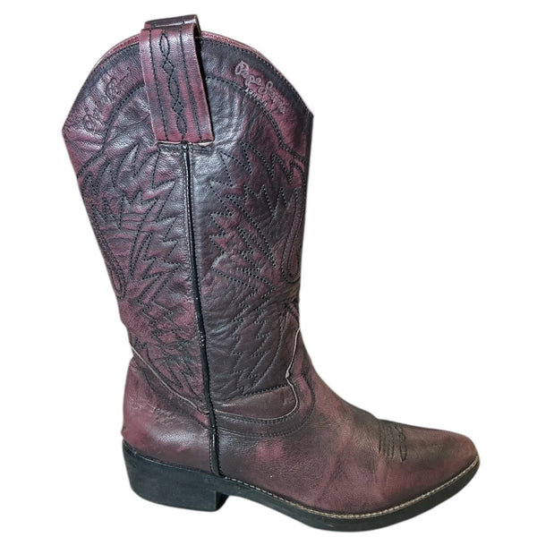 Vintage Y2K Pepe Jeans Burgundy Western Rodeo Leather Cowgirl Boots