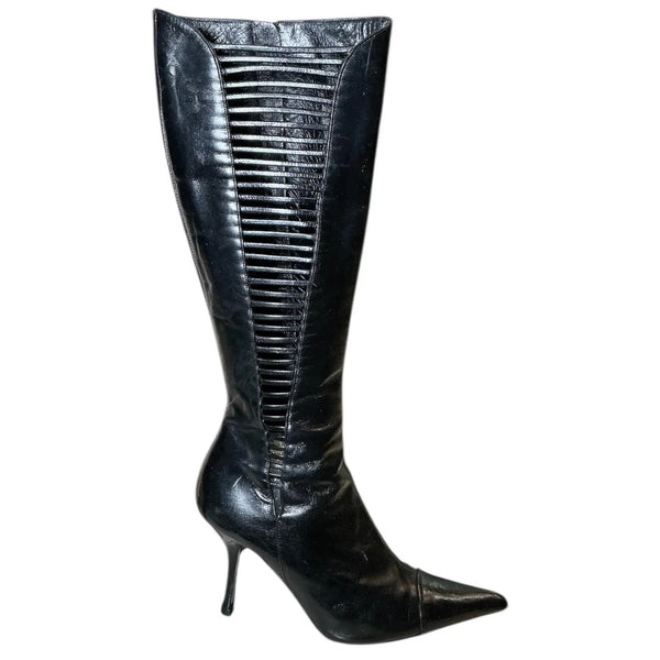 Vintage Y2K Cut Out Lines Point Toe Stiletto Leather Black Boots 6.5/7