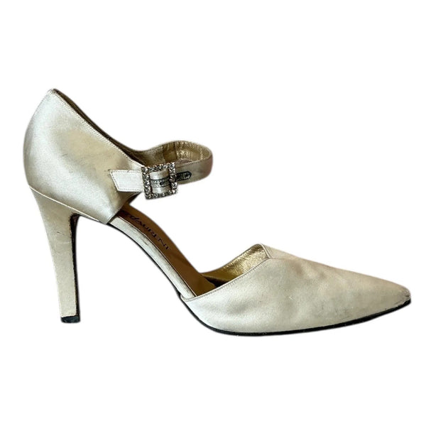 Vintage 80's YSL Satin Mary Jane Ivory High Heel Point Toe Pumps
