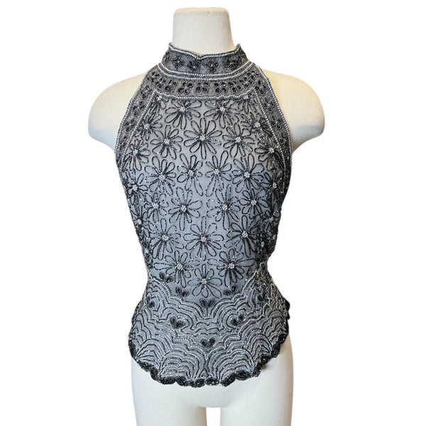 Vintage Y2K Adriana Papell Beaded Sequin Mark Neck High Neck Scallop Asymmetrical Silk Top M/L