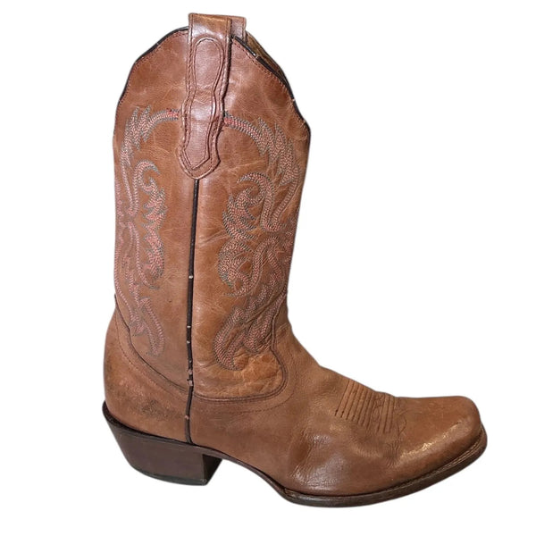 Vintage Y2K Brown Pink Stitch Rodeo Leather Western Cowgirl Boots