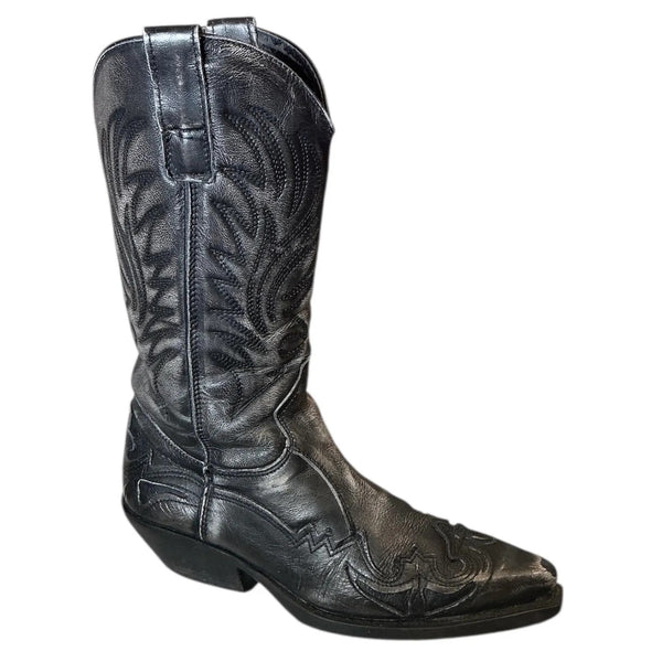 Vintage Y2K Flame Stitch Black Rodeo Leather Western Cowgirl Boots 8.5