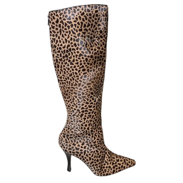 Vintage Y2K Manolo Blahnik Point Toe Leopard Pony Hair Knee High Stilettos 8.5