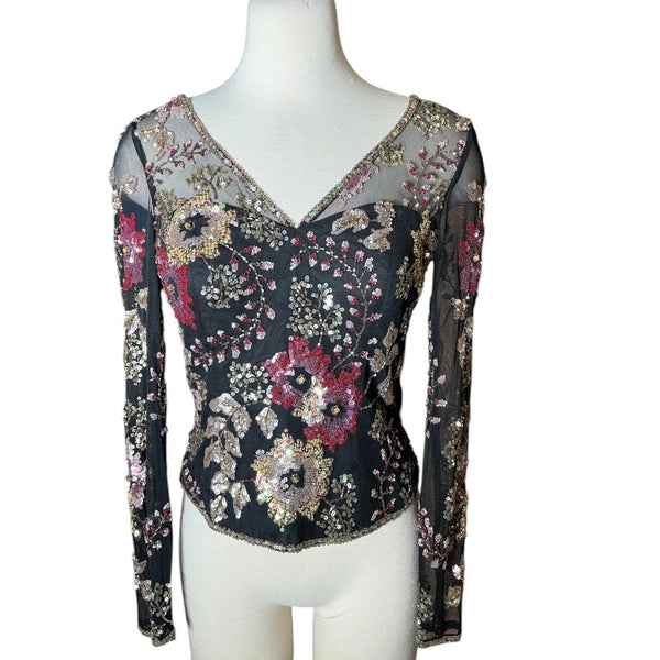 Vintage Y2K Alberto Makali Sequin Beaded Mesh Nylon Top