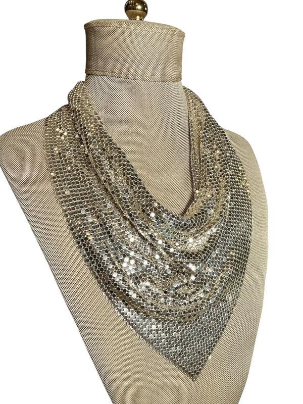 Vintage 1980's Whiting & Davis Chain Mesh Cowl Neck Disco Silver Bib Necklace