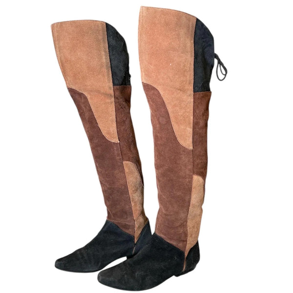 Vintage 1980's Suede Leather Colorblock Thigh High Flat Boots 7.5