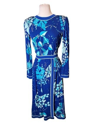 Vintage 70s Bessi Blue Floral Long Sleeve White Trim Retro Summer Dress S