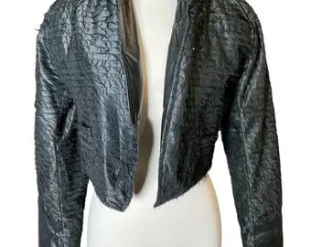 Vintage Black Textured Cropped Bolero Unique Shag Faux Leather jacket