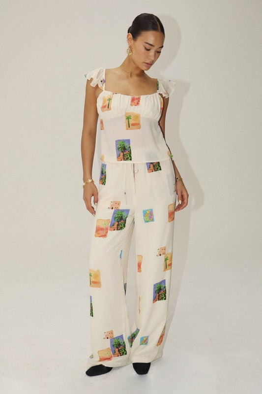 Inara Desert Postcard Print Wide Leg Pants- Cream