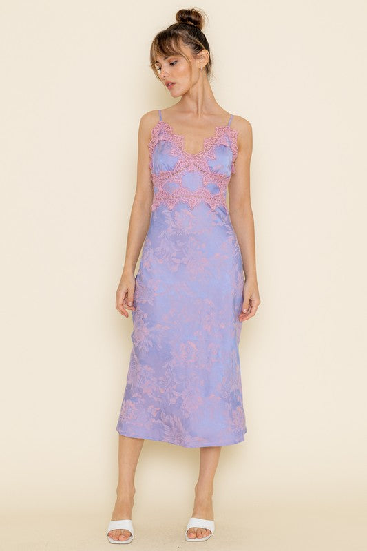 Jenna Lace Trim Jacquard Slip Midi Dress - Periwinkle/Pink