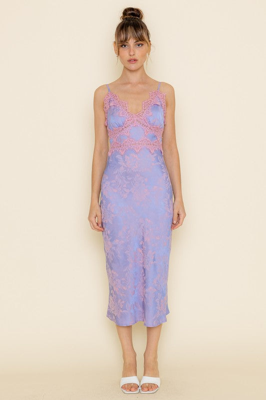 Jenna Lace Trim Jacquard Slip Midi Dress - Periwinkle/Pink