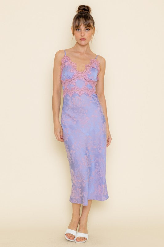 Jenna Lace Trim Jacquard Slip Midi Dress - Periwinkle/Pink