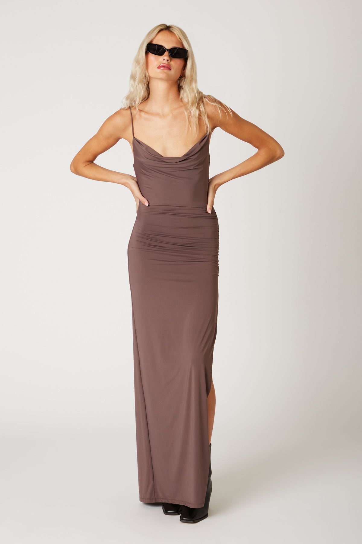 Alina Draped Jersey Maxi Slit Party Dress - Sable