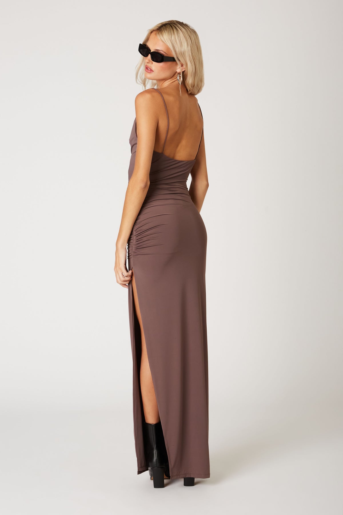 Alina Draped Jersey Maxi Slit Party Dress - Sable