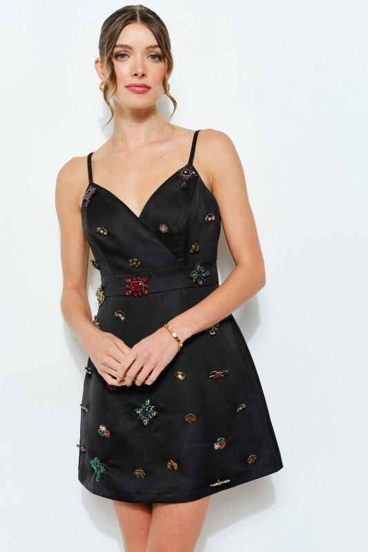 Bijou Sleeveless Embellished Jewel Satin Mini DressMini Dress- Black