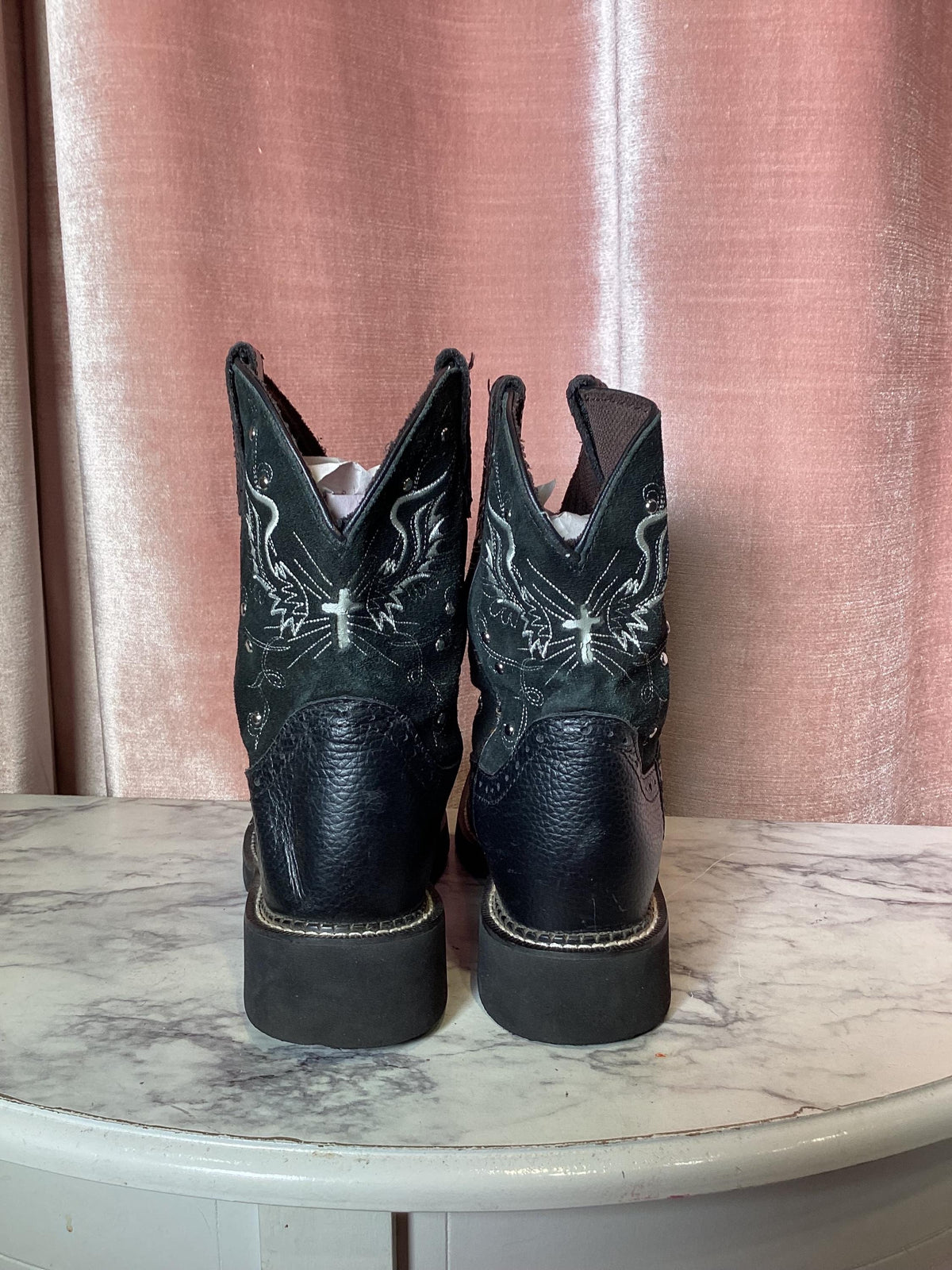 Vintage Y2K Justin Gypsy Mandra Square Toe Studded Accents Embroidered Wings Flat Western Lug Rubber Sole Cowgirl Boots - 5 1/2 | 6