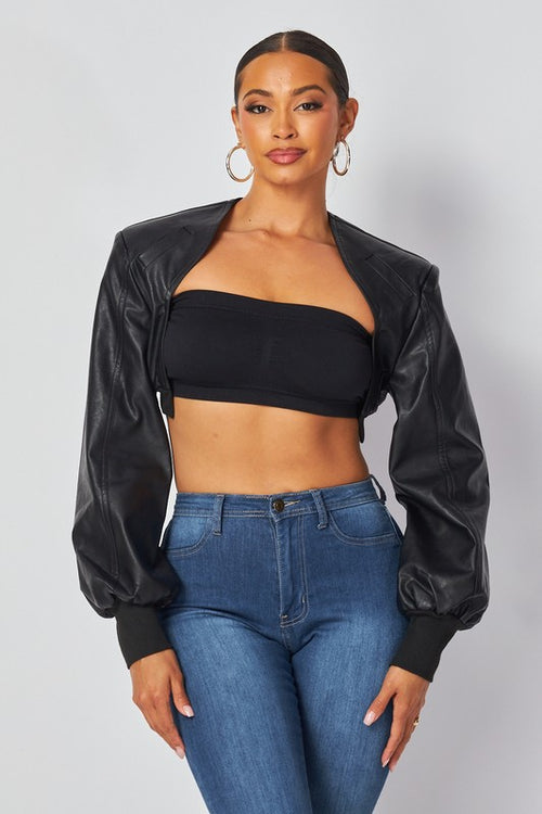 Kai Vegan Cropped Leather Bolero Shrug - Black