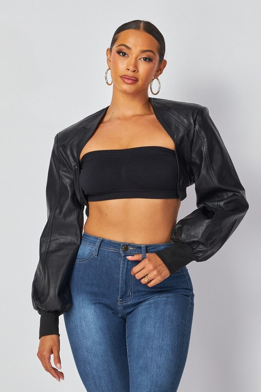 Kai Vegan Cropped Leather Bolero Shrug - Black