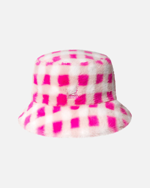 Kangol Faux Fur Bucket Hat - Pink Gingham