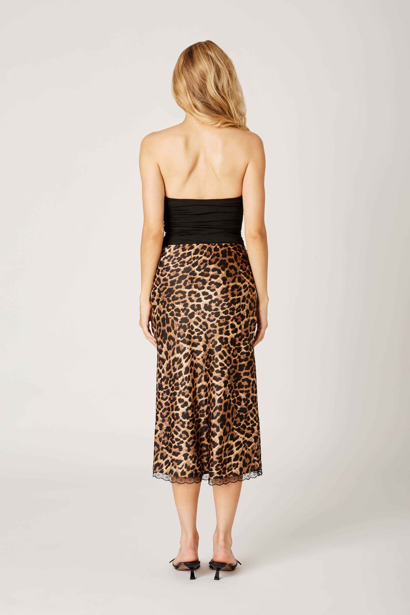 Nolita Leopard Midi Satin Lace Trim Midi Skirt