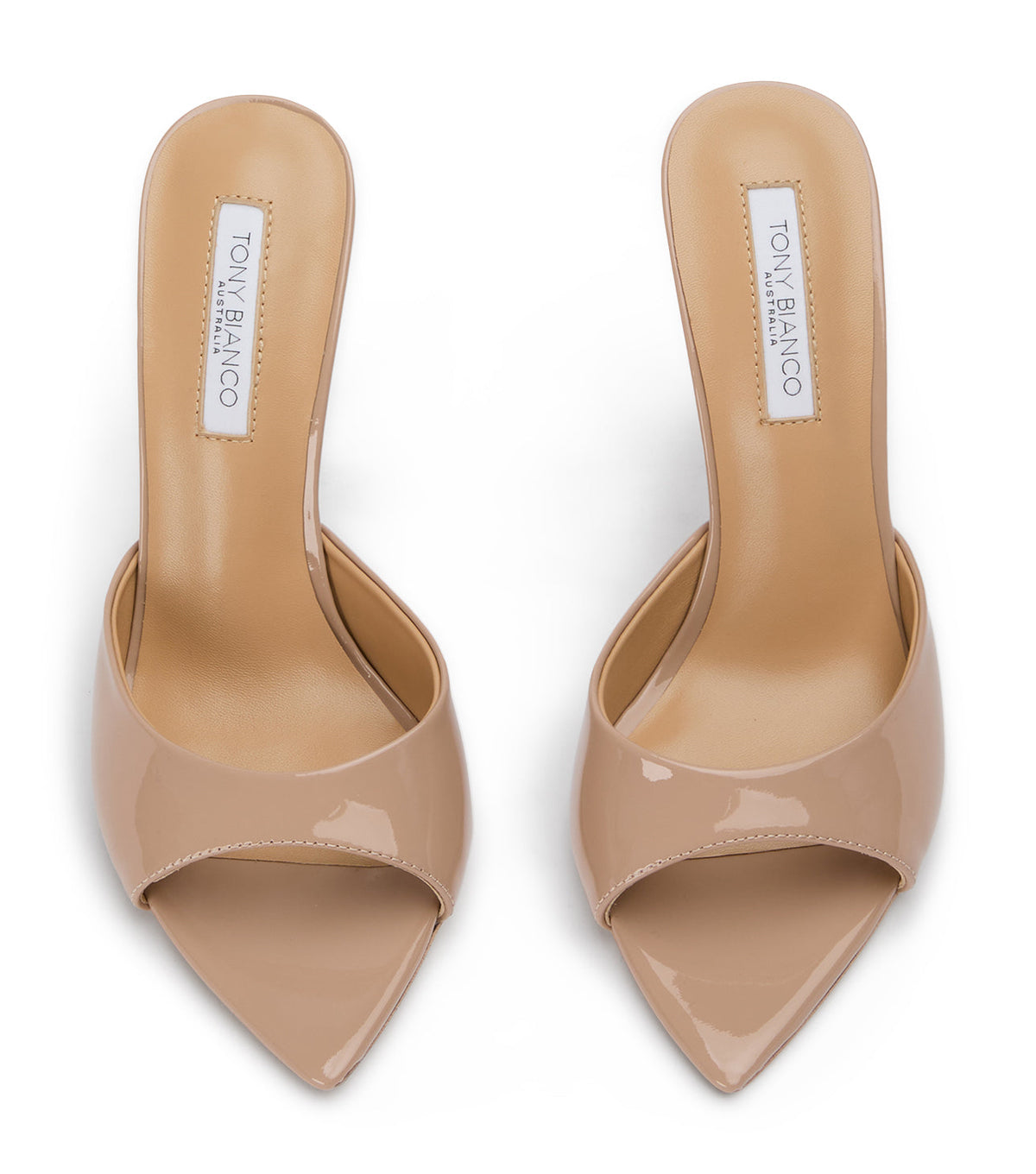 Malibu Coco Patent Leather Slip On Open Toe Mules Heels - Nude Patent