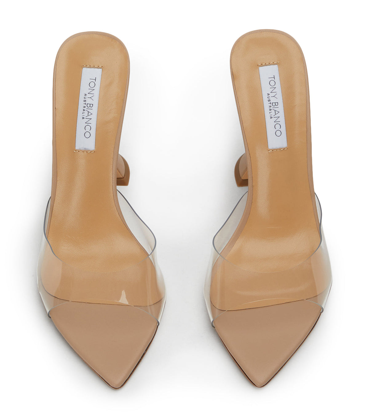 Malibu Vinylite Slip On Open Toe Mules Heels - Nude/Clear