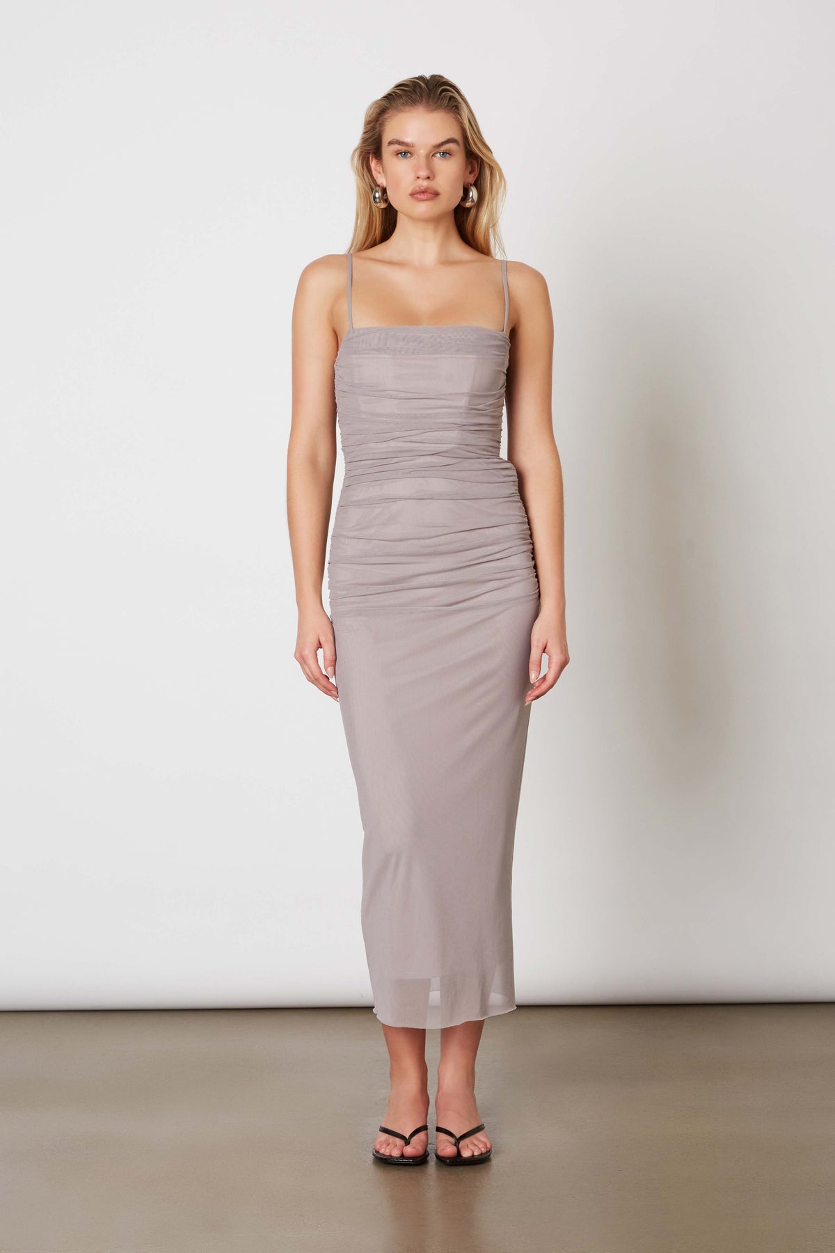 Masha Boned Mesh Squareneck Midi Dress - Dove Grey