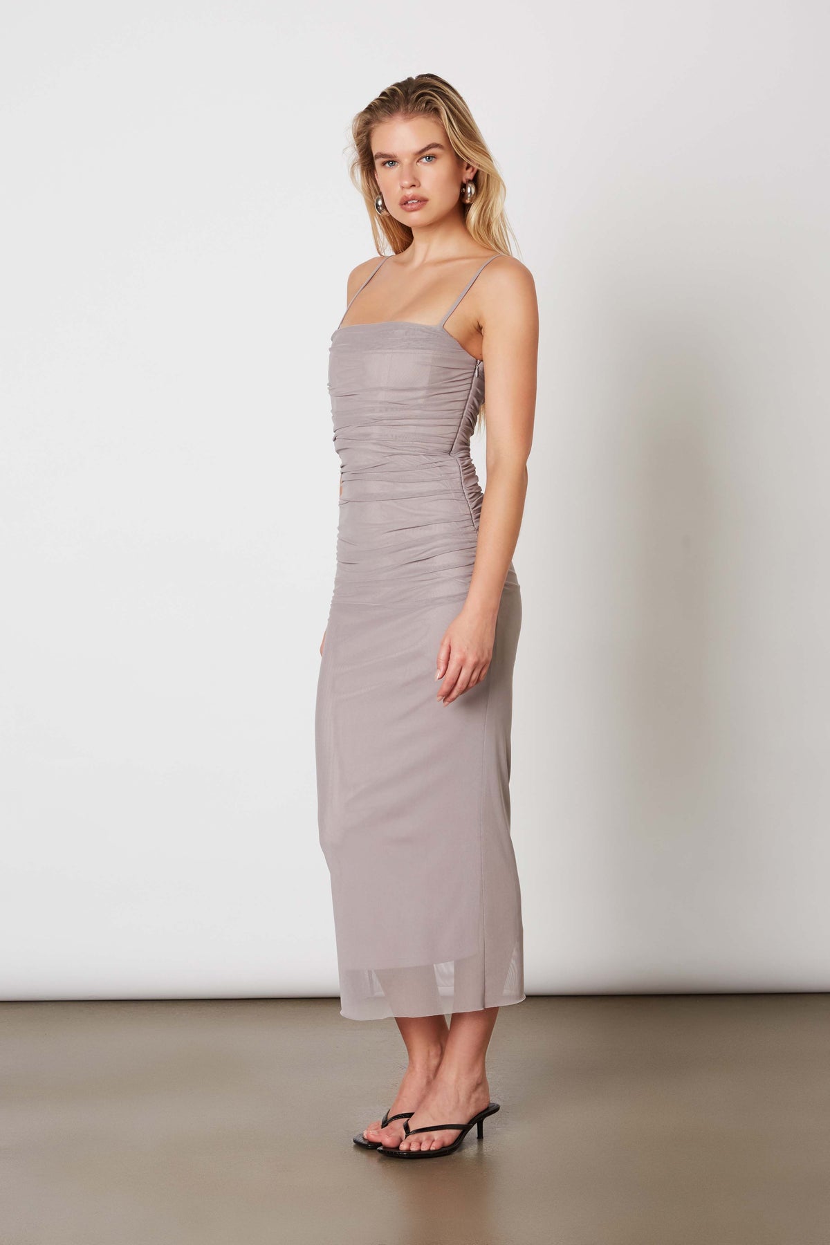 Masha Boned Mesh Squareneck Midi Dress - Dove Grey