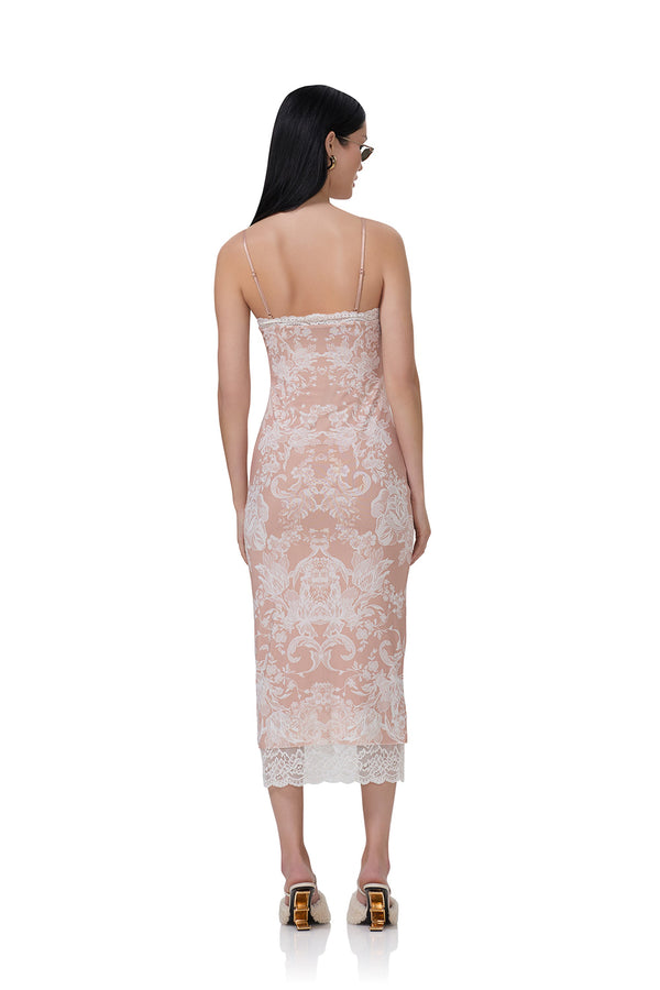 Nissa Nude Mesh  Baroque Wallpaper Print Mesh Slip Dress - Almond