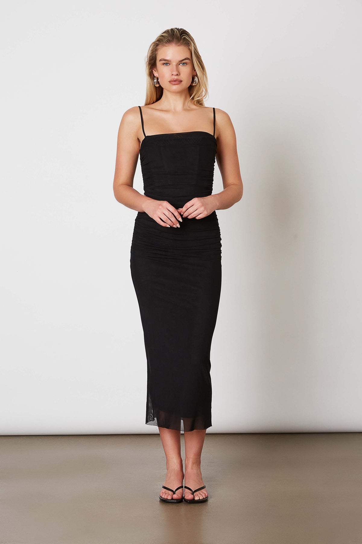 Masha Boned Mesh Squareneck Midi Dress - Black