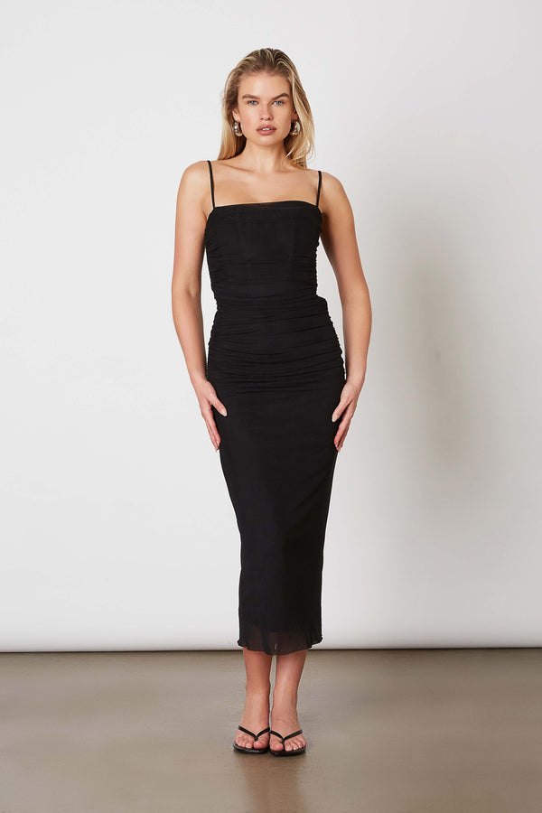 Masha Boned Mesh Squareneck Midi Dress - Black