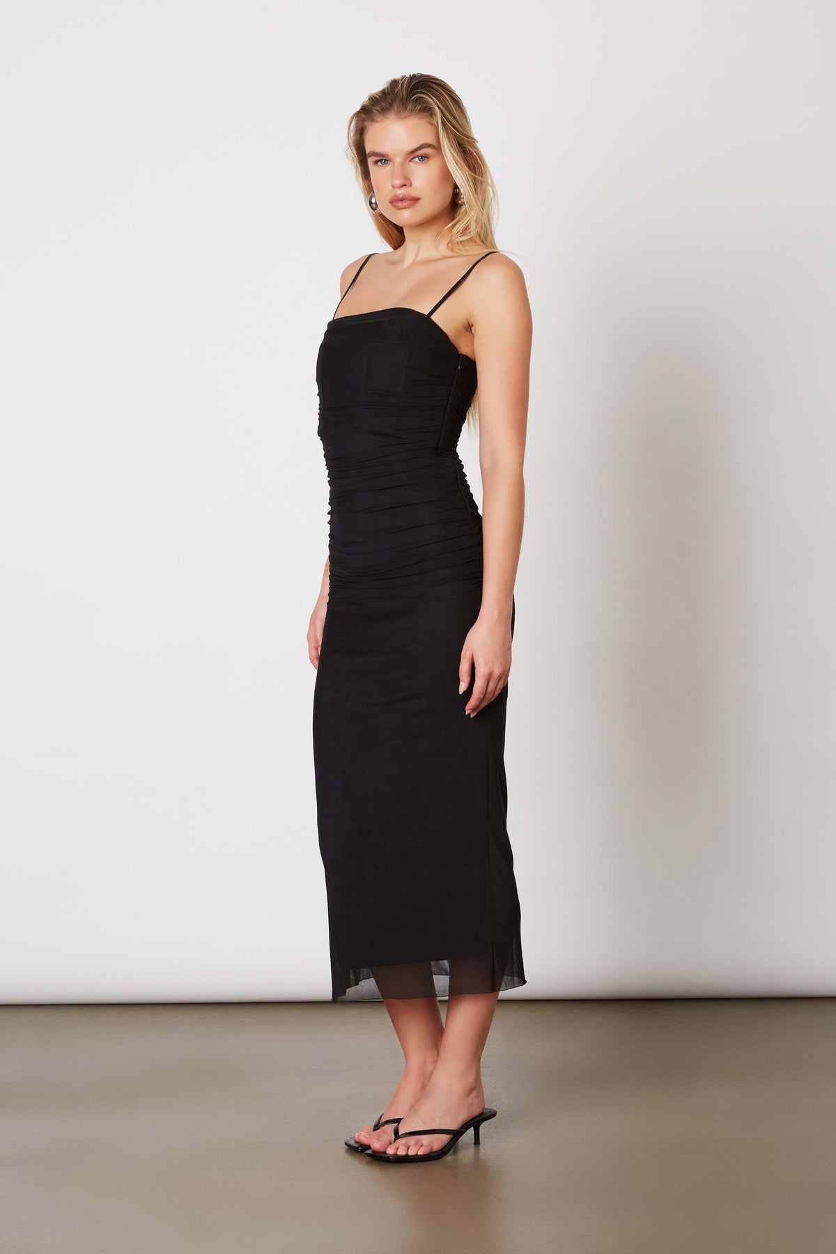 Masha Boned Mesh Squareneck Midi Dress - Black