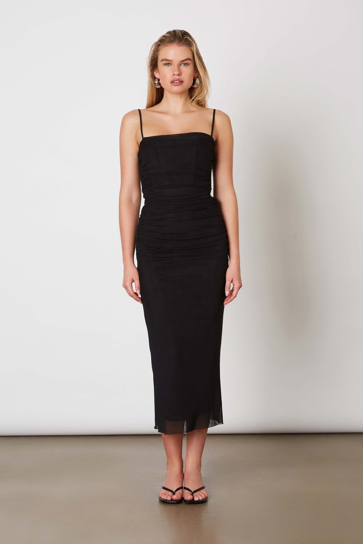 Masha Boned Mesh Squareneck Midi Dress - Black