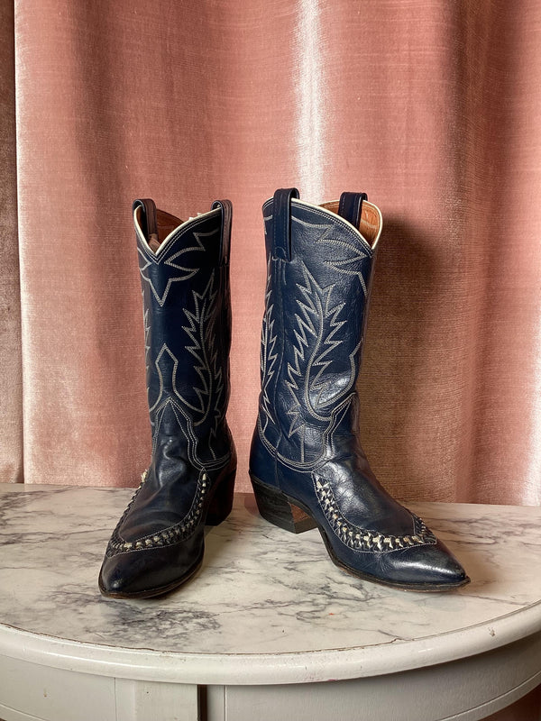 Vintage 90's NOCONA Ben Miller Blue leather stitched Details cowgirl boots- 5.5