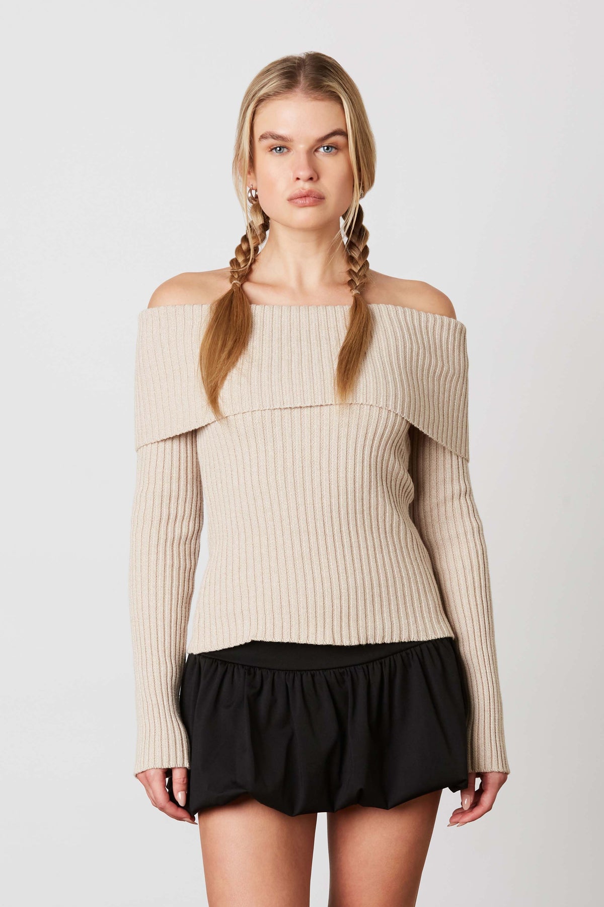 Sandy Ribbed Off the Shoulder Knit Slim Fit Sweater Top