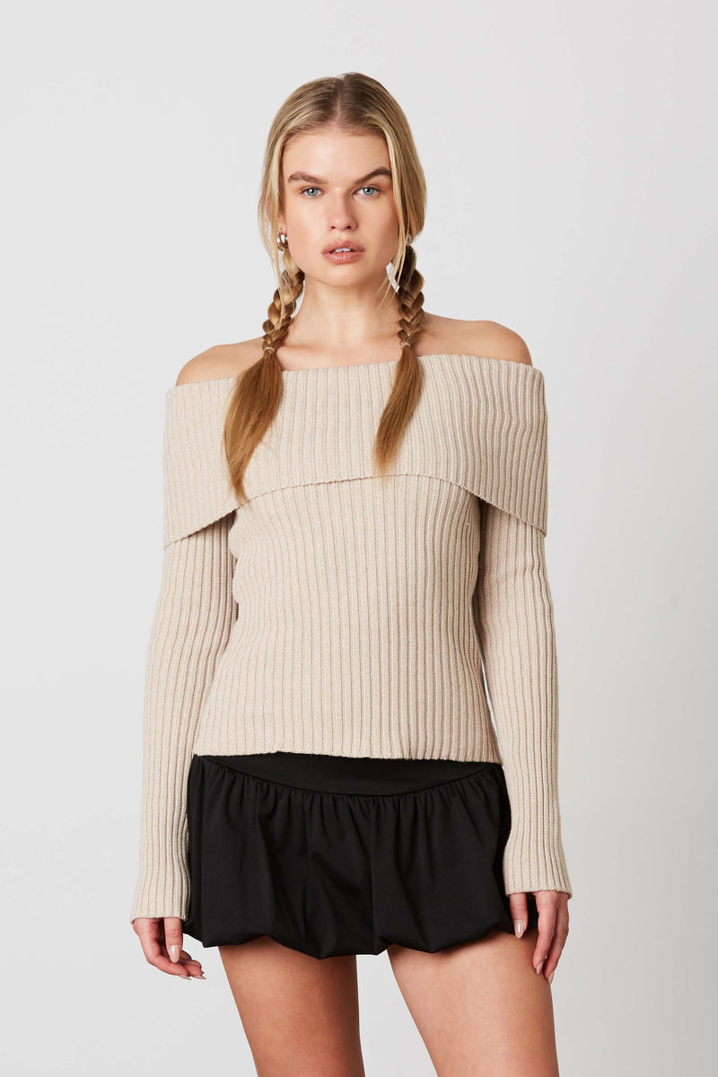 Sandy Ribbed Off the Shoulder Knit Slim Fit Sweater Top