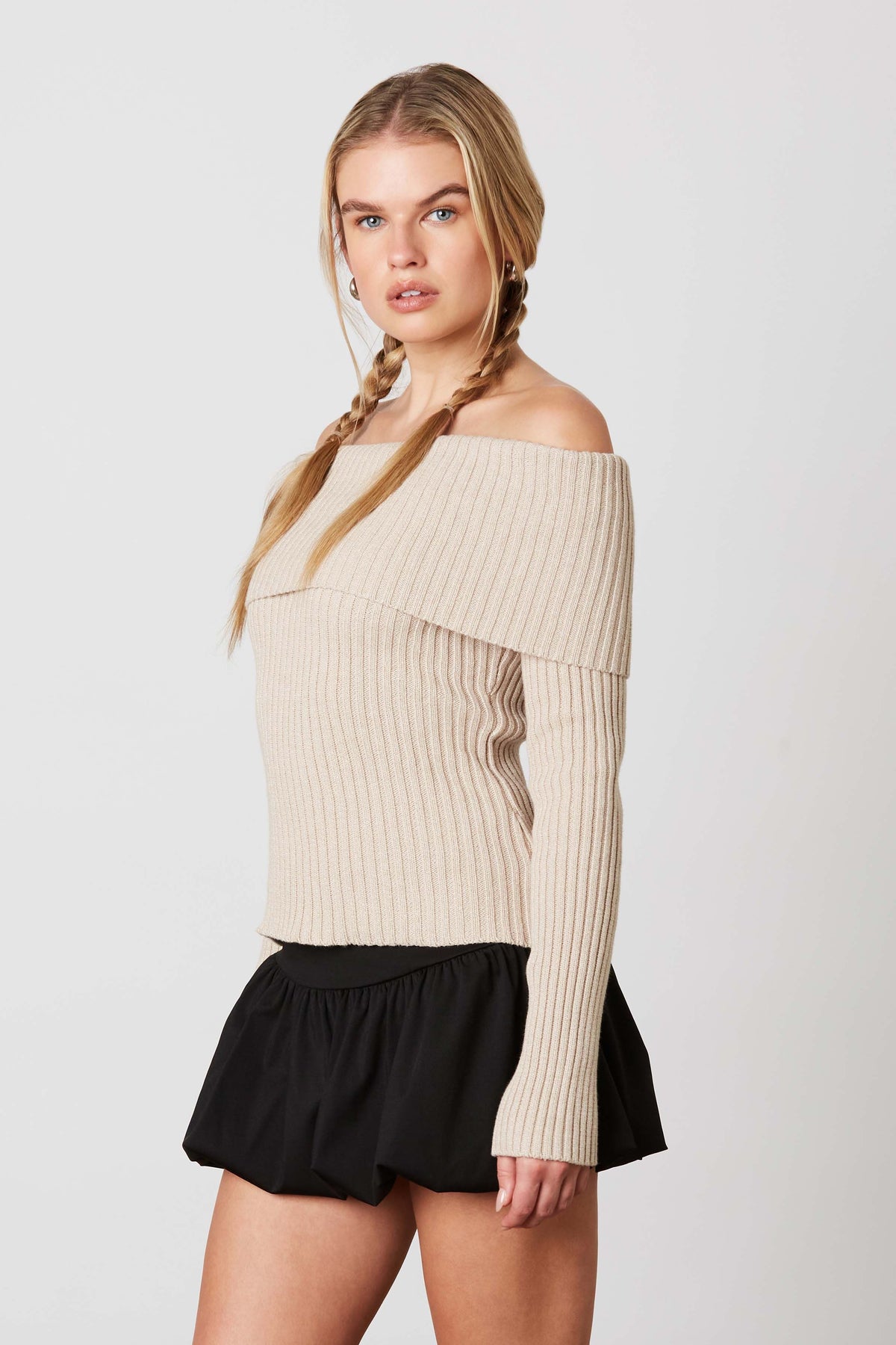 Sandy Ribbed Off the Shoulder Knit Slim Fit Sweater Top