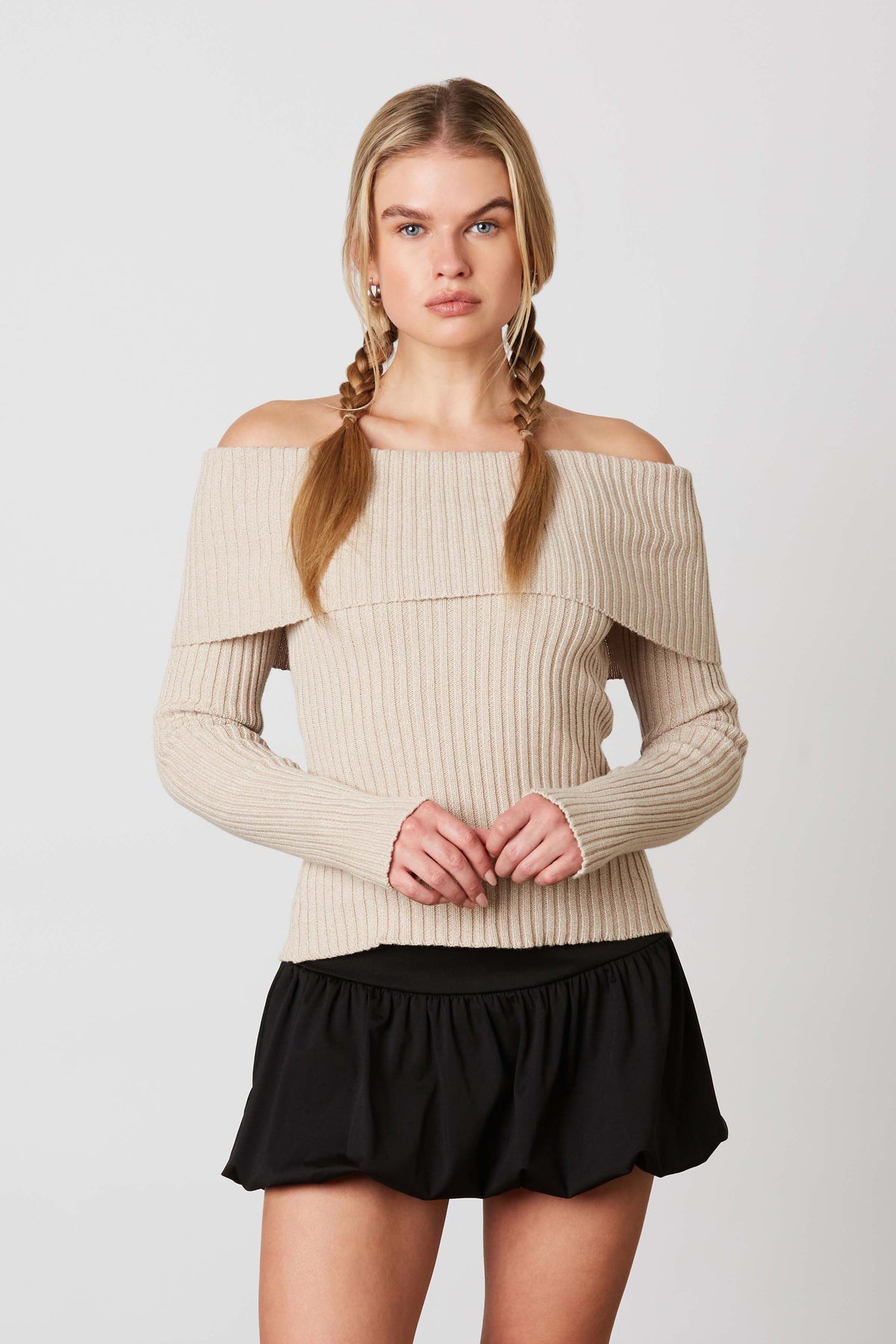 Sandy Ribbed Off the Shoulder Knit Slim Fit Sweater Top